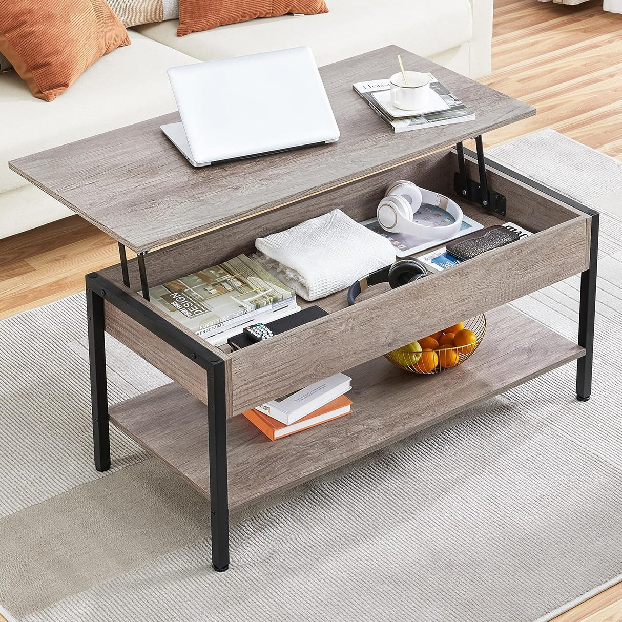 Lift Top 41 in Coffee Table with Hidden Storage Compartment, Wooden Lift Up Central Table