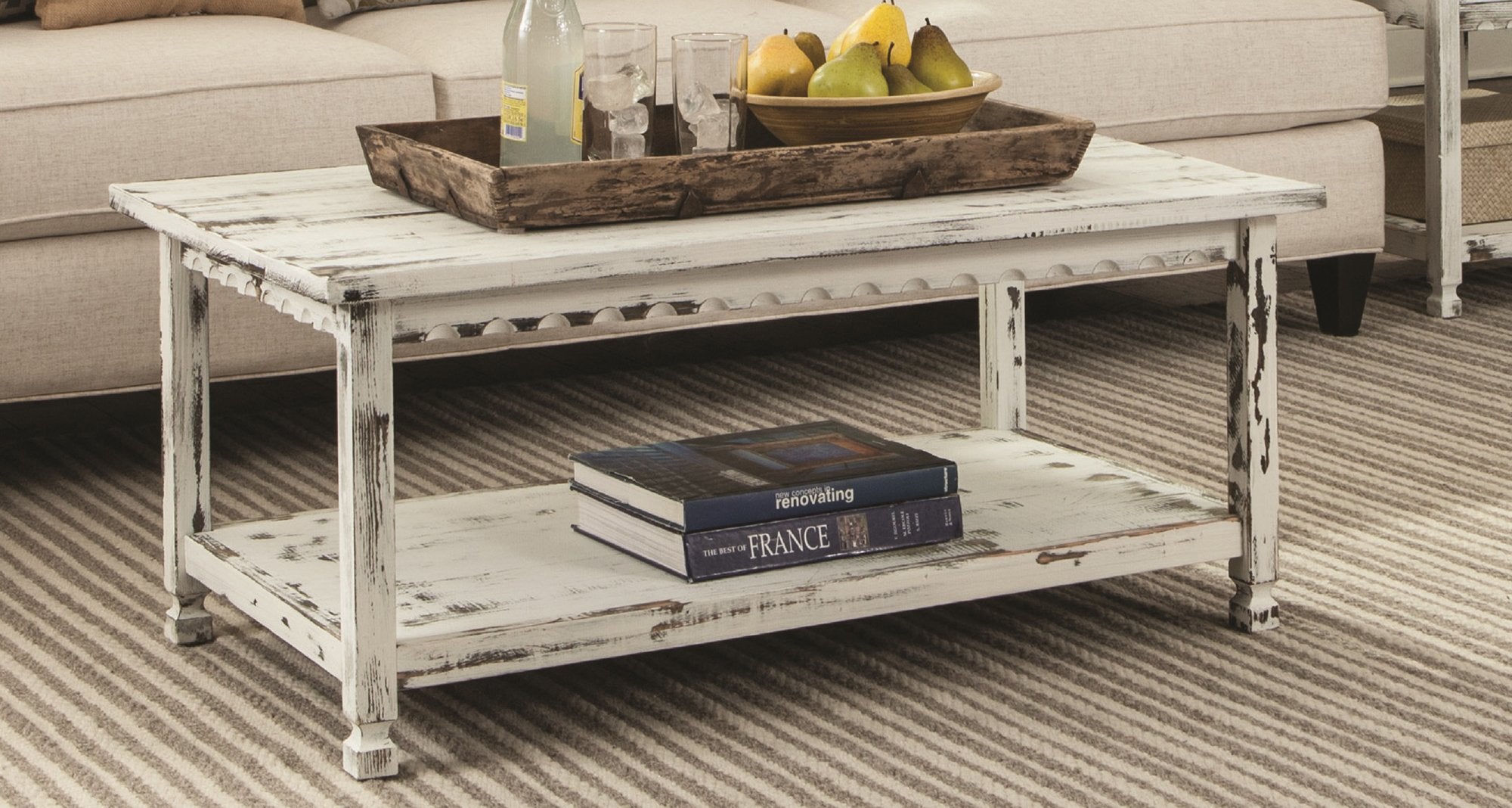 Rustic Rectangular Coffee Table w/1 Shelf in Distressed White Antique Finish