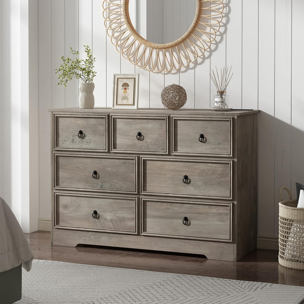 7 Drawers Dresser for Bedroom, Rustic Wood Dresser with Power Outlet, Wide Chest