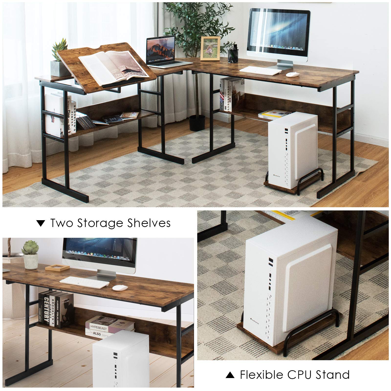 67 Inches L-Shaped Office Desk, Corner Computer Desk with Bottom Bookshelves & CPU