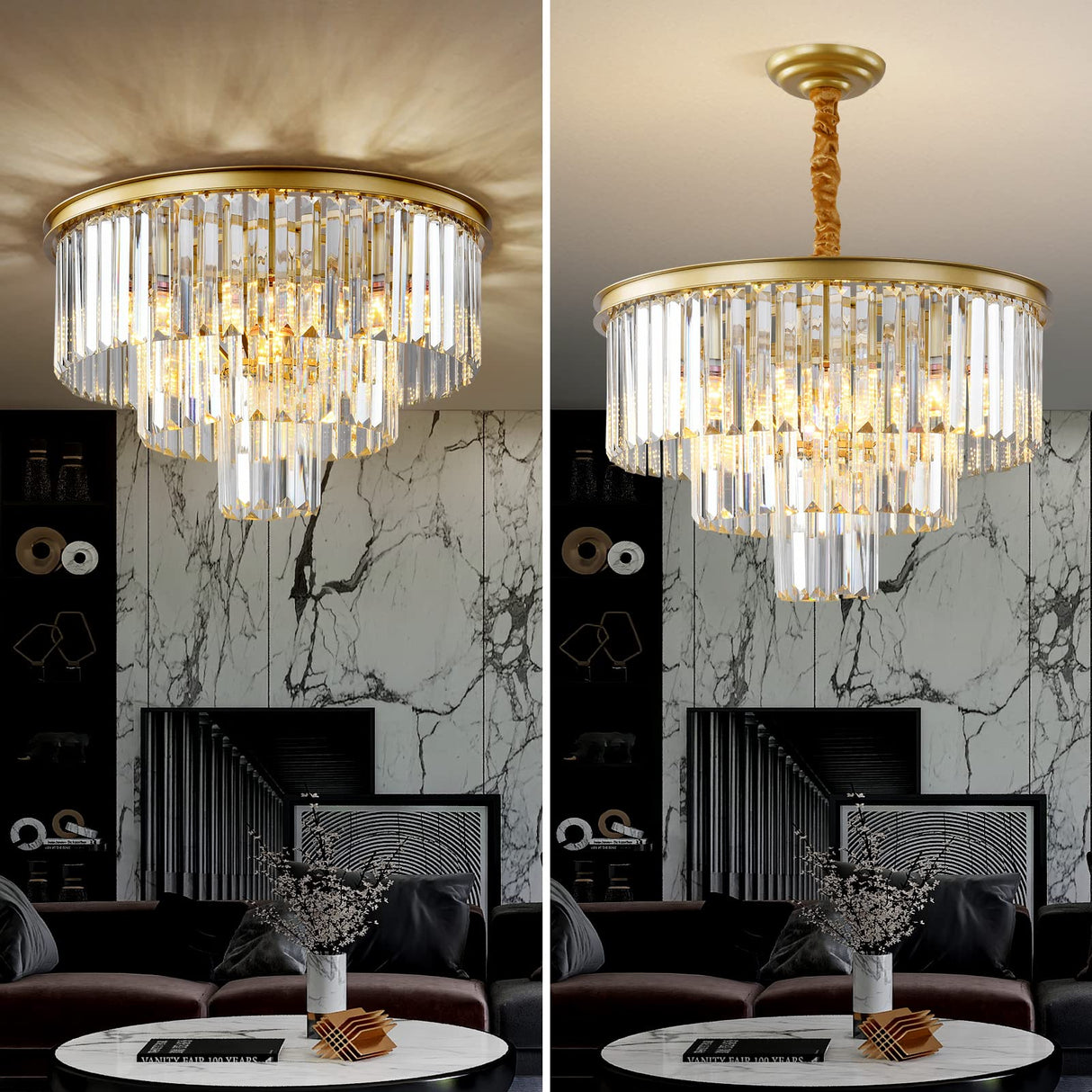 Gold Modern Crystal Chandelier, 3-Tier Round Flush Mount Ceiling Light Fixtures Height