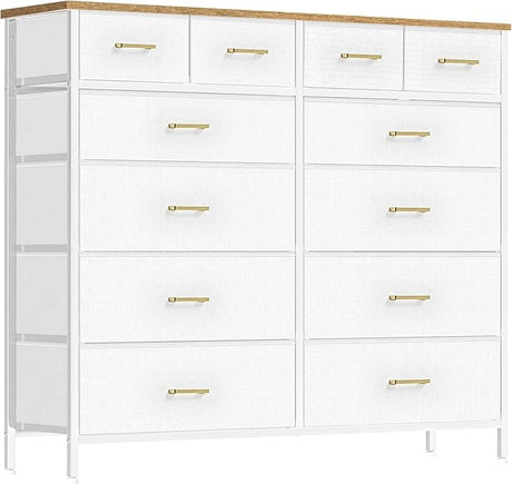 Compact 12 Drawers Dresser for Bedroom, Fabric Storage Tower, Chest of Drawers with Retro Wood Top for Closet, Nursery, Living Room