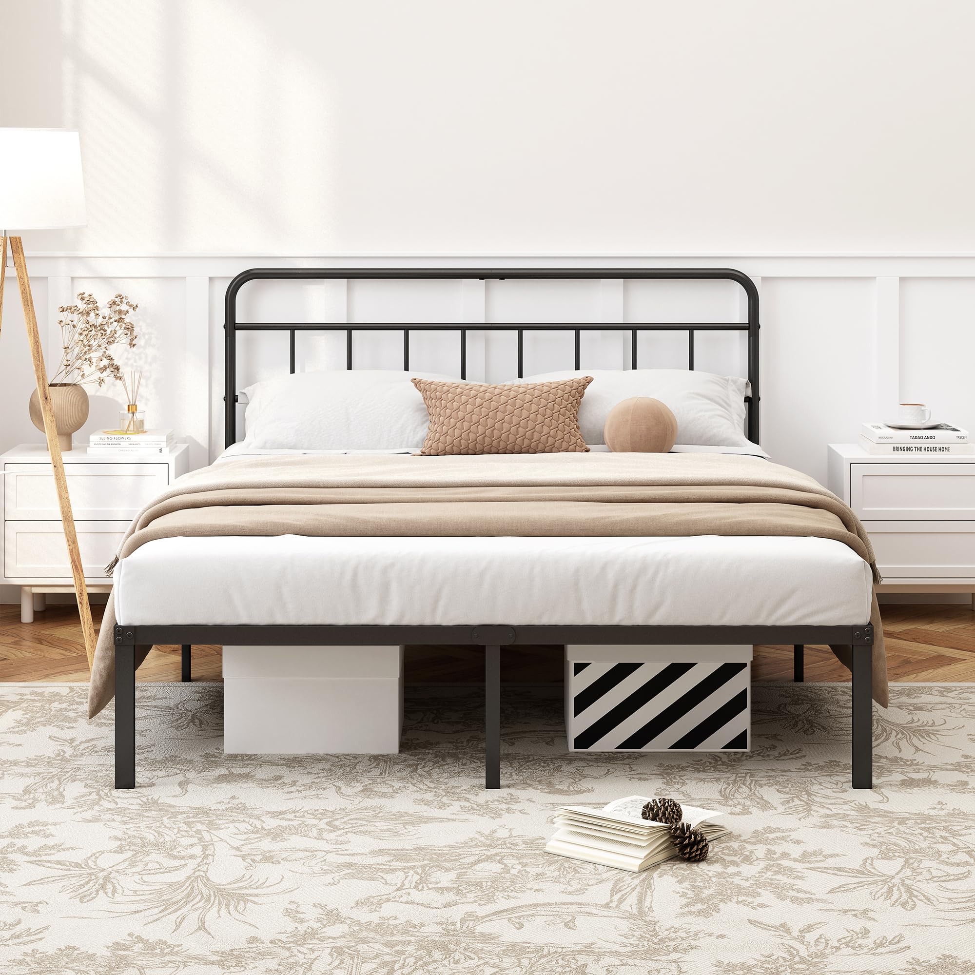 12-Inch Queen Bed Frame with Minimalist Headboard - Black Metal Platform