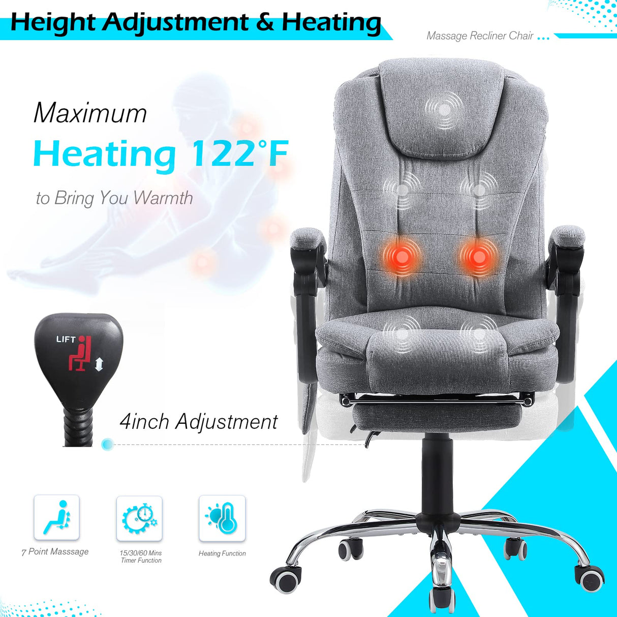 Heated Executive Office Chair with Massage&Footrest，Adjustable Height Home Office