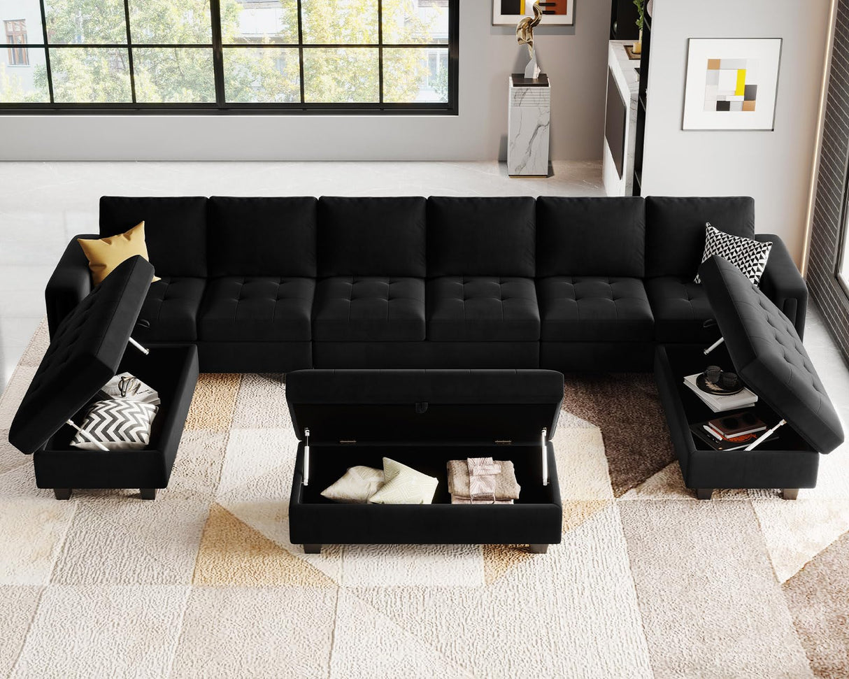 Velvet U Shaped Modular Sectional Sofa Set with Storage Ottoman, 8 Seater, Black