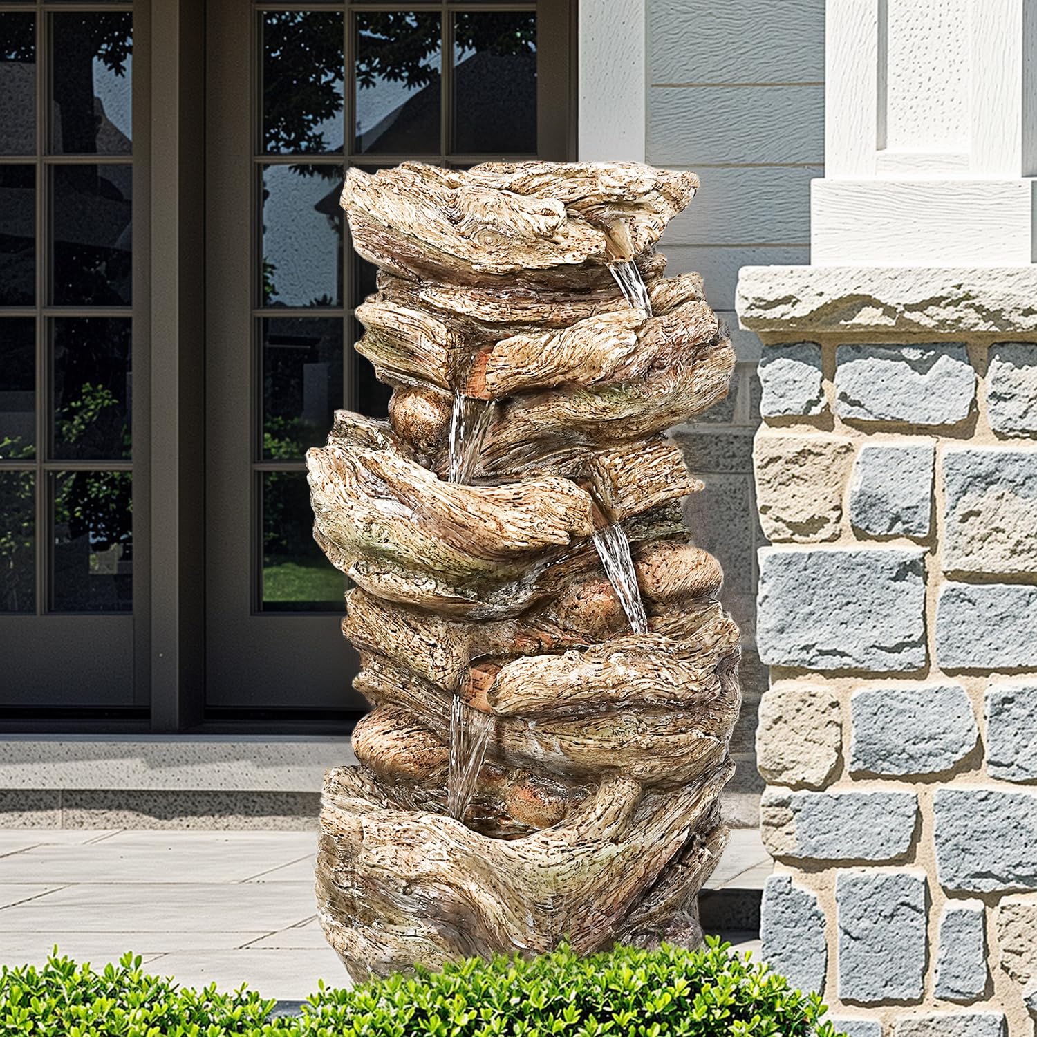 32" High 5-Tiers Cascading Rock Outdoor Water Fountain with LED Lights and Pump