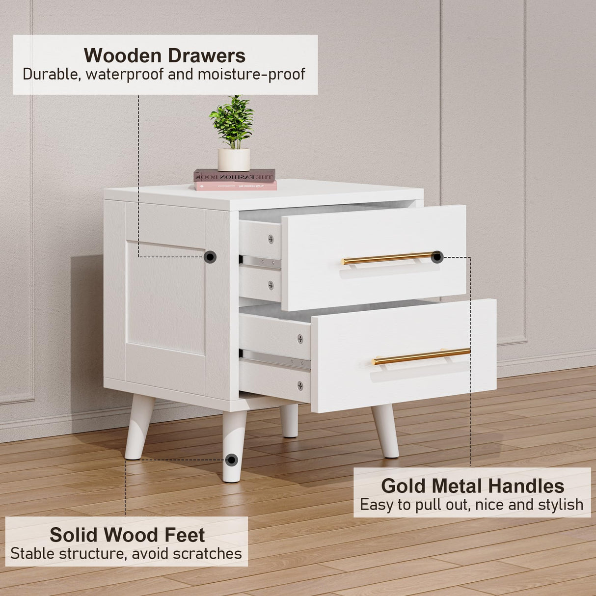 Nightstand, Bedside Table with Metal Handles, Modern Wood Night Stand