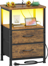 Night Stand with Charging Station and 2 Fabric Drawers, Side Table with Storage for Bedroom