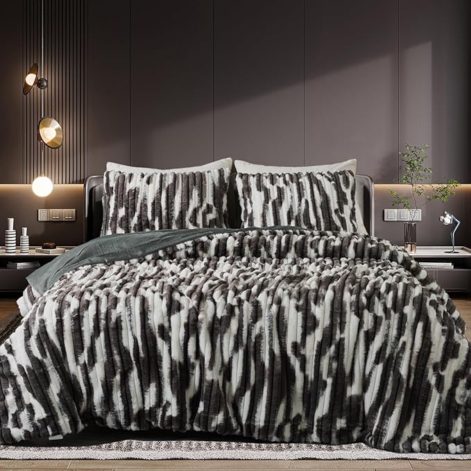 Soft Fluffy Rabbit Fur Comforter Set Shaggy Faux Fur Striped Bedding Set with Pillowcase