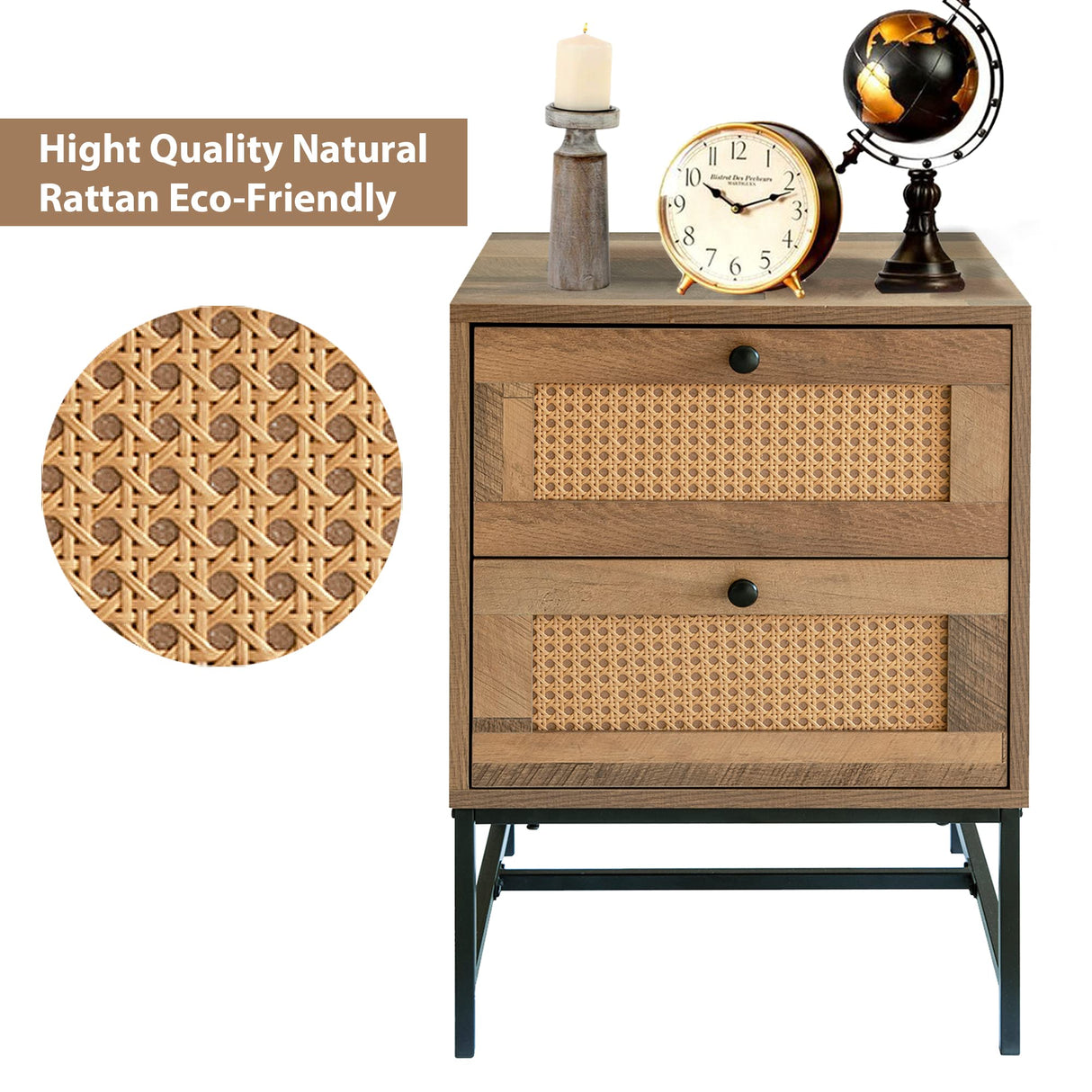 Home Furniture Series Wood and Rattan End Table/Nightstand with Metal Frame