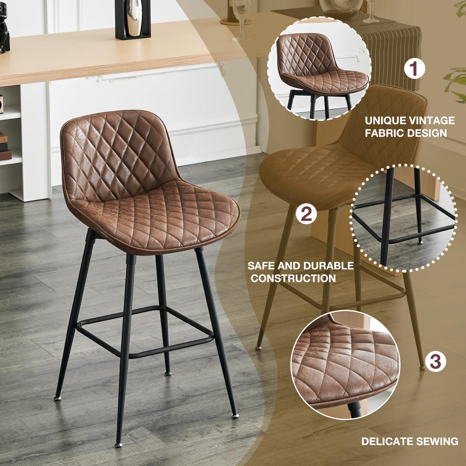 26” Bar Stools Set of 2, 360° Swivel Counter Bar Stool with Back, Mid-Century Modern