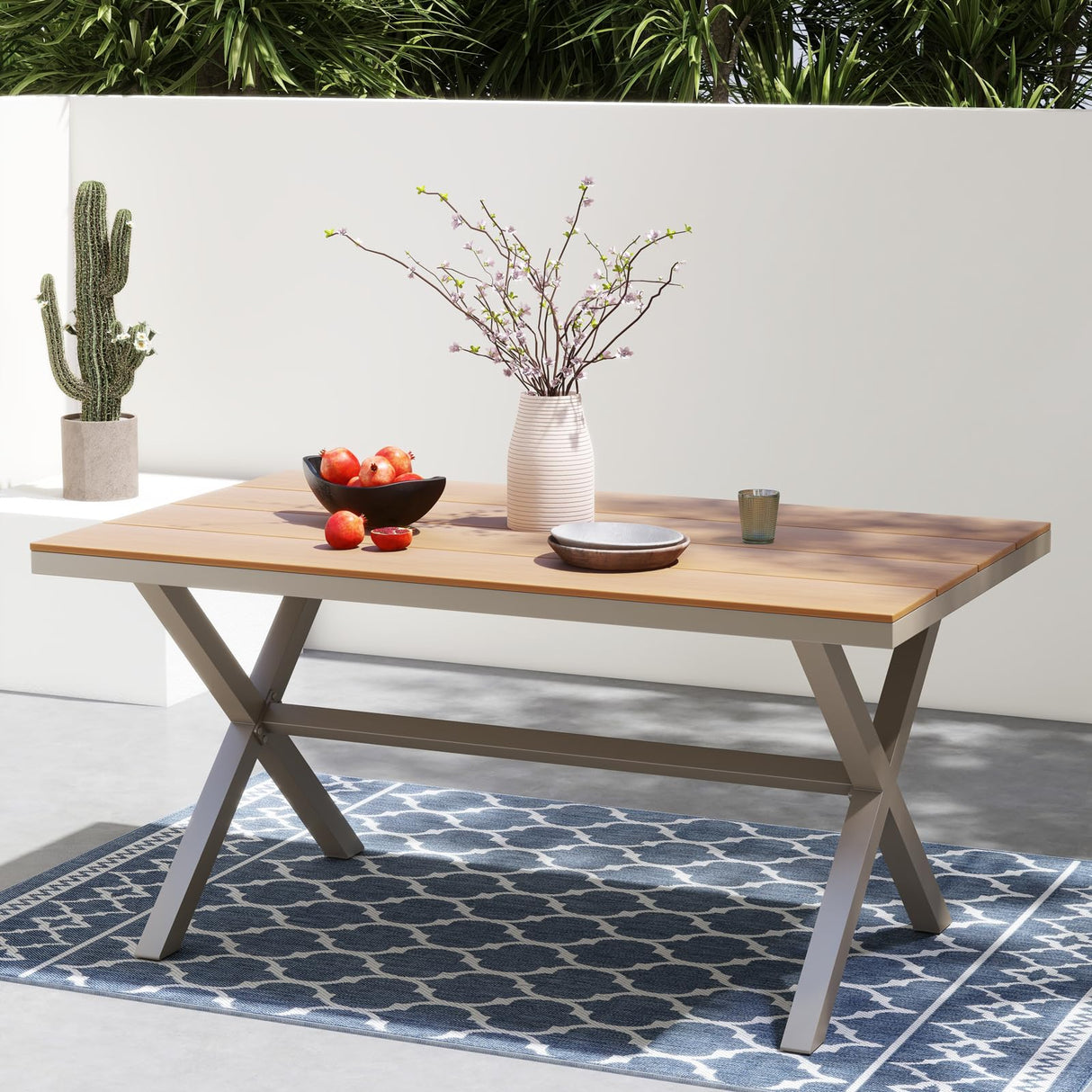 Aluminum Outdoor Dining Table for 6 Person with X-Shape Legs & Adjustable Feet