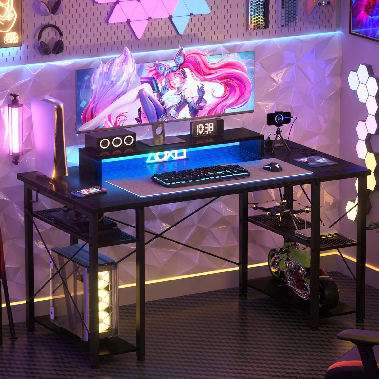 47 Inch Gaming Desk - Computer Desk with LED Lights & Power Outlet, Home Office Writing Desk