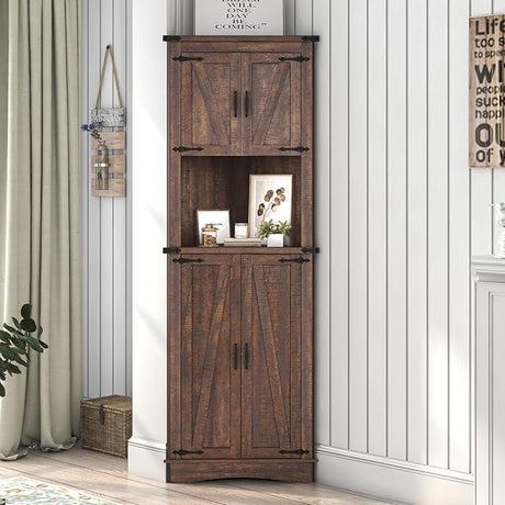 68" Tall Farmhouse Corner Cabinet, 5-Tier Storage Cabinet with 4 Barn Doors & Adjustable