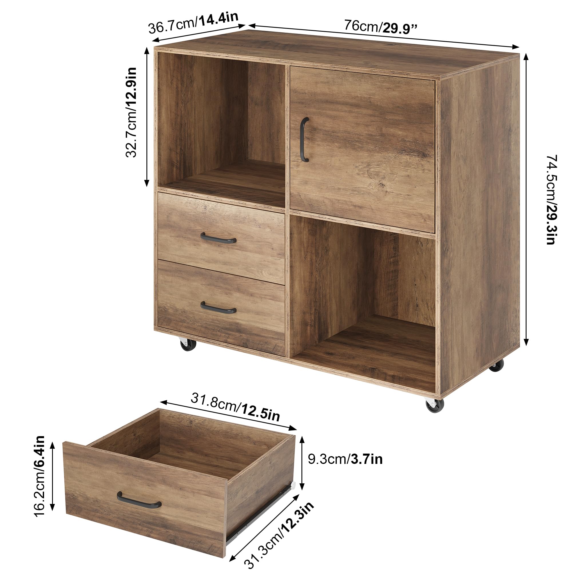 File Cabinet, Wood Filing Cabinet with 2 Drawers, Printer Stand Lateral Mobile