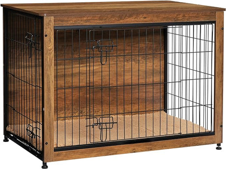 Dog Crate Furniture with Cushion, Wooden Dog Crate with Double Doors, Dog Furniture