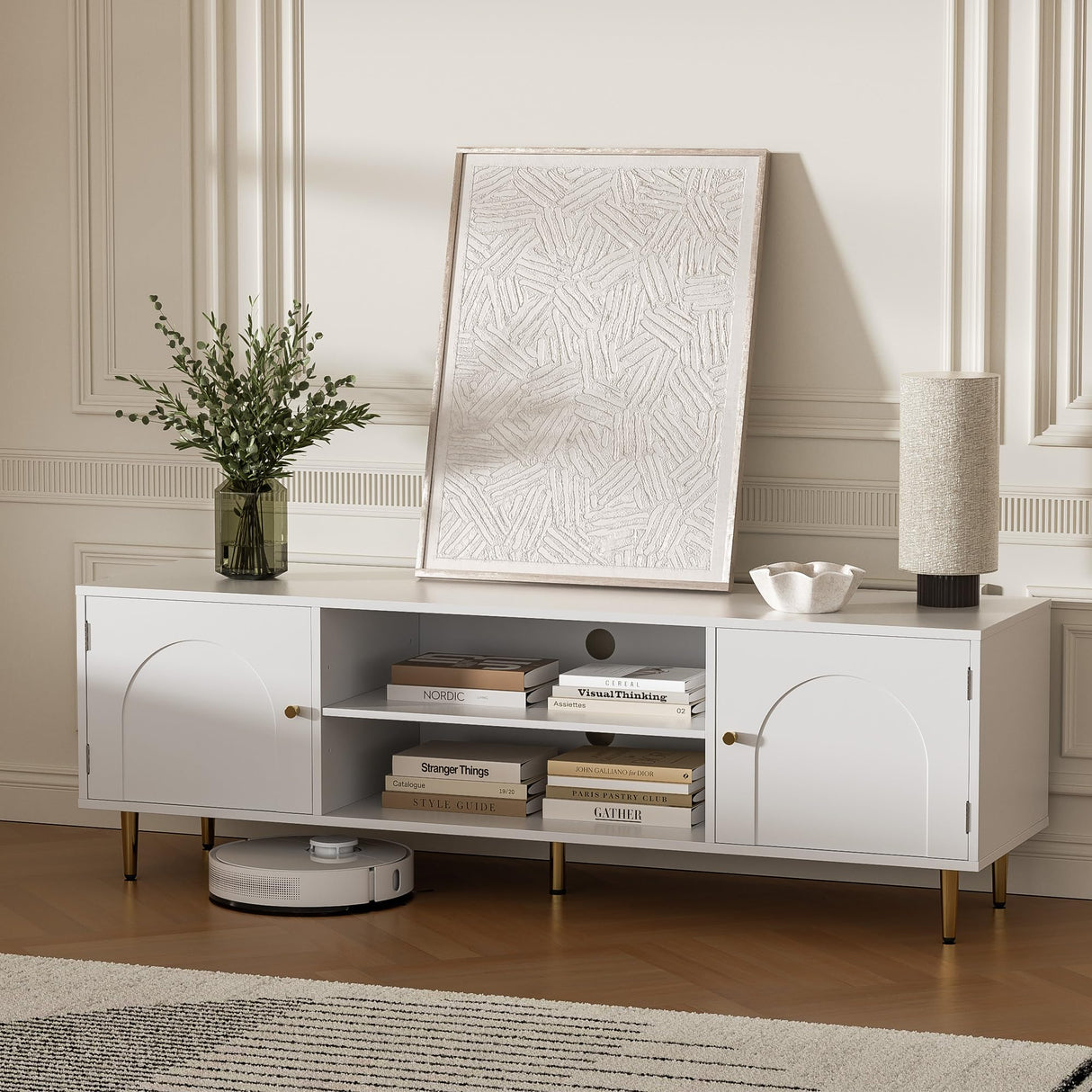 Housoul Modern TV Stand for 50/55/60 inch TV, TV Stand with Doors, Entertainment Center with Adjustable Shelf and Storage Cabinets, TV Media Console for Living Room, Bedroom, White