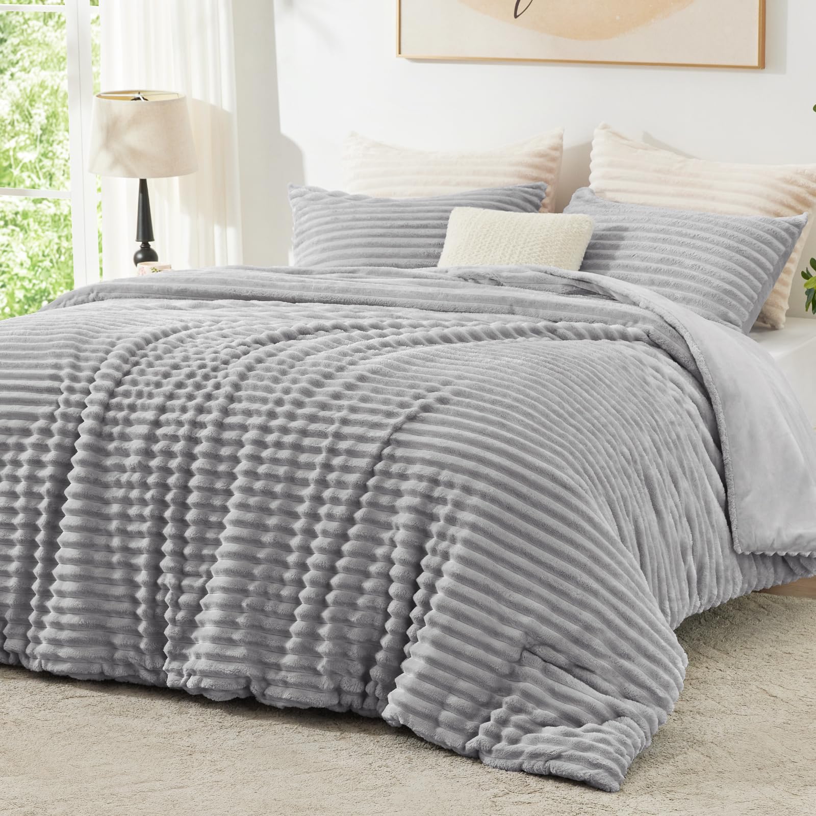 EXQ Home Fluffy Comforter Set Queen Size - Super Soft Faux Fur Stripe Jacquard Comforter 3 Pieces, Light Gray Fleece Bedding Set,Winter Warm Bed Set,1 Comforter with 2 Pillowcases