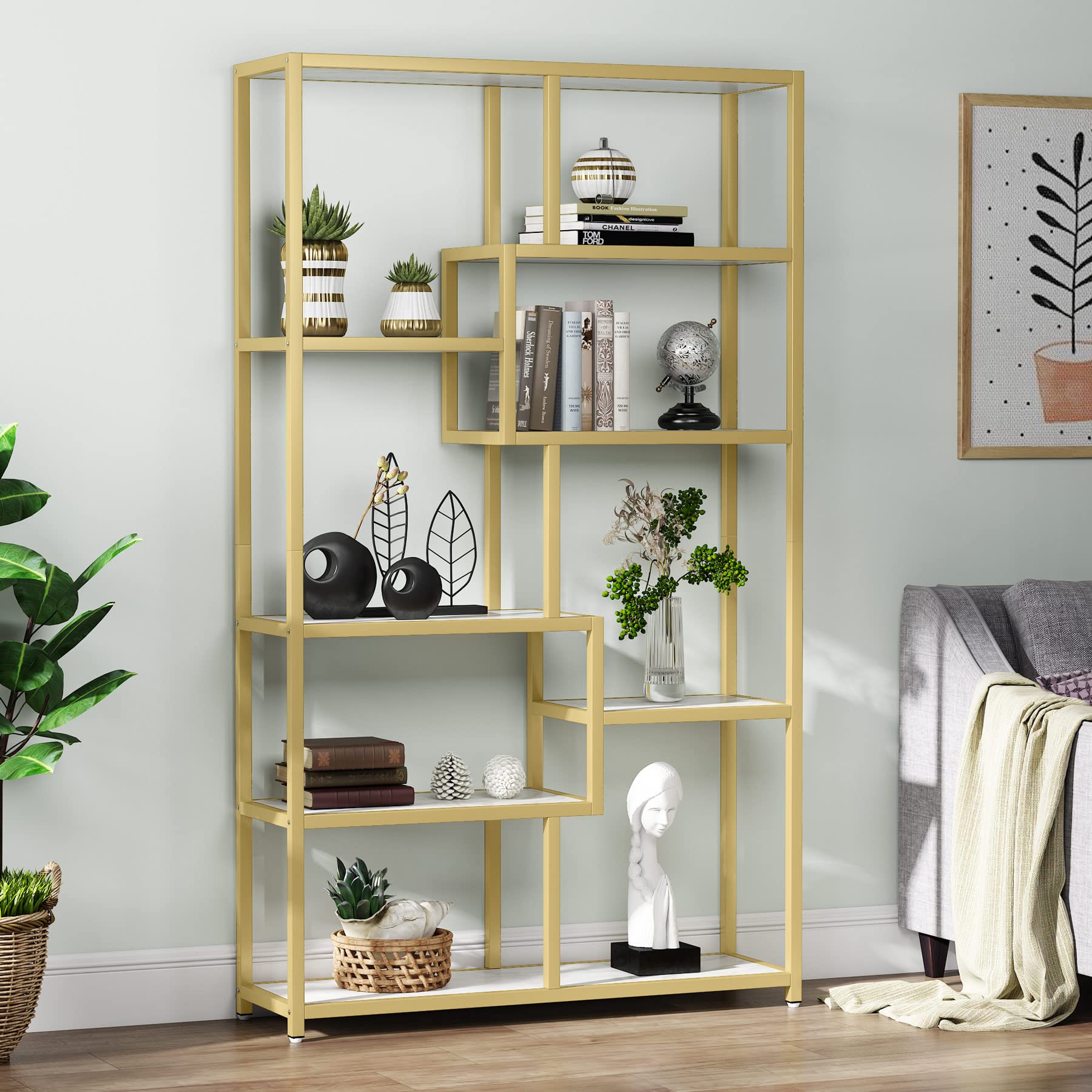 Bookshelf Bookcase, Gold 8-Open Shelf Etagere Bookcase with Faux Marble, Modern