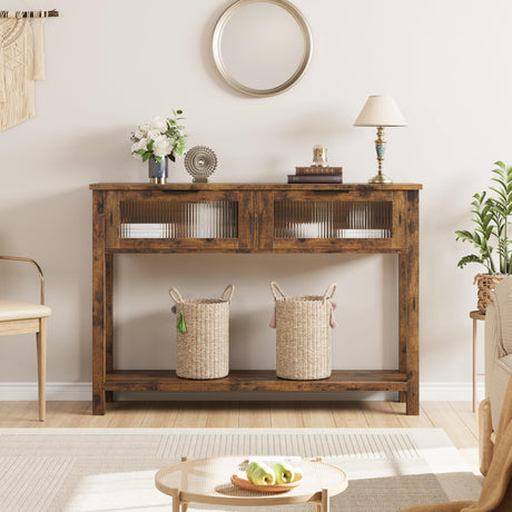 Entryway Table, Wood Sofa Table with 2 Glass Drawers, 2 Tier Console Table Storage