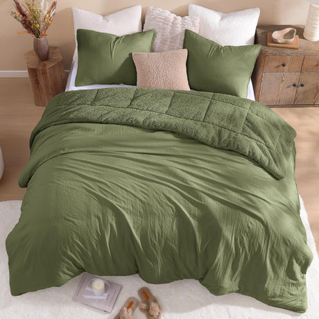 Queen Comforter Set, Olive Green Ultra Soft Fuzzy Sherpa Fleece Comforter, 3 Pieces