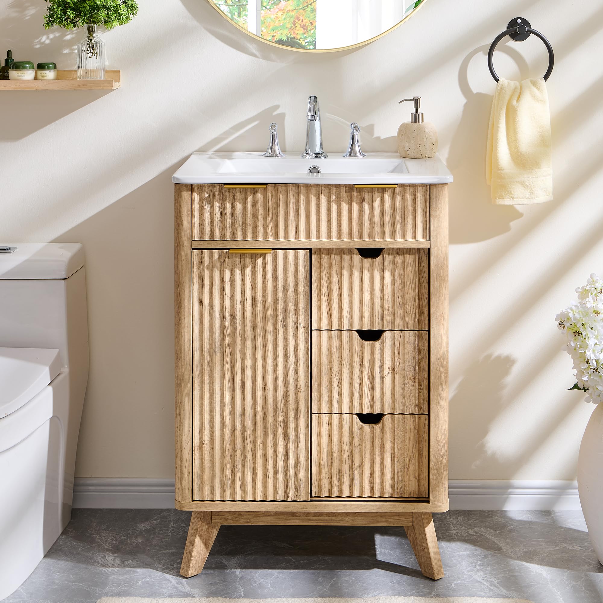 24" Fluted Bathroom Vanity with Ceramic Sink Combo，Freestanding Small Modern Bathroom Storage Vanity Cabinet