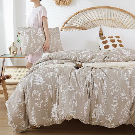 King Size Comforter Set - Floral King Comforter Set, King Size Comforter for All Seasons, 3 Pieces, 1 Comforter (90"x104") & 2 Pillow Cases (20"x36"), Gray