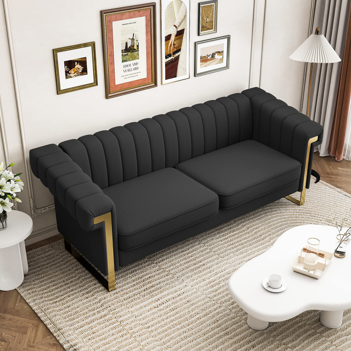 83'' Faux Leather Couch 3 Seater Sofa with Gold Metal Legs Comfy