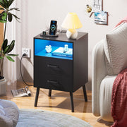 Nightstand with Charging Station and LED Lights, Night Stand with Drawers and Open