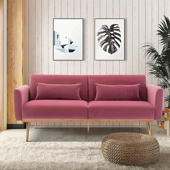 Velvet Futon Bed Couch, Velvet Upholstered Mid Century Sofa Sleeper for Living Room