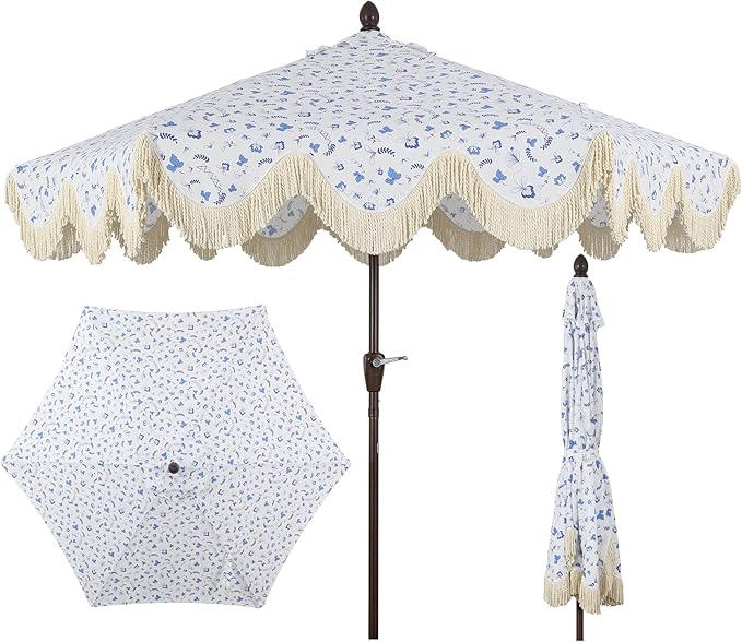 UMB1001G Collins 9 ft. Classic Cottage Tassel Market Patio Umbrella with Auto-Tilt