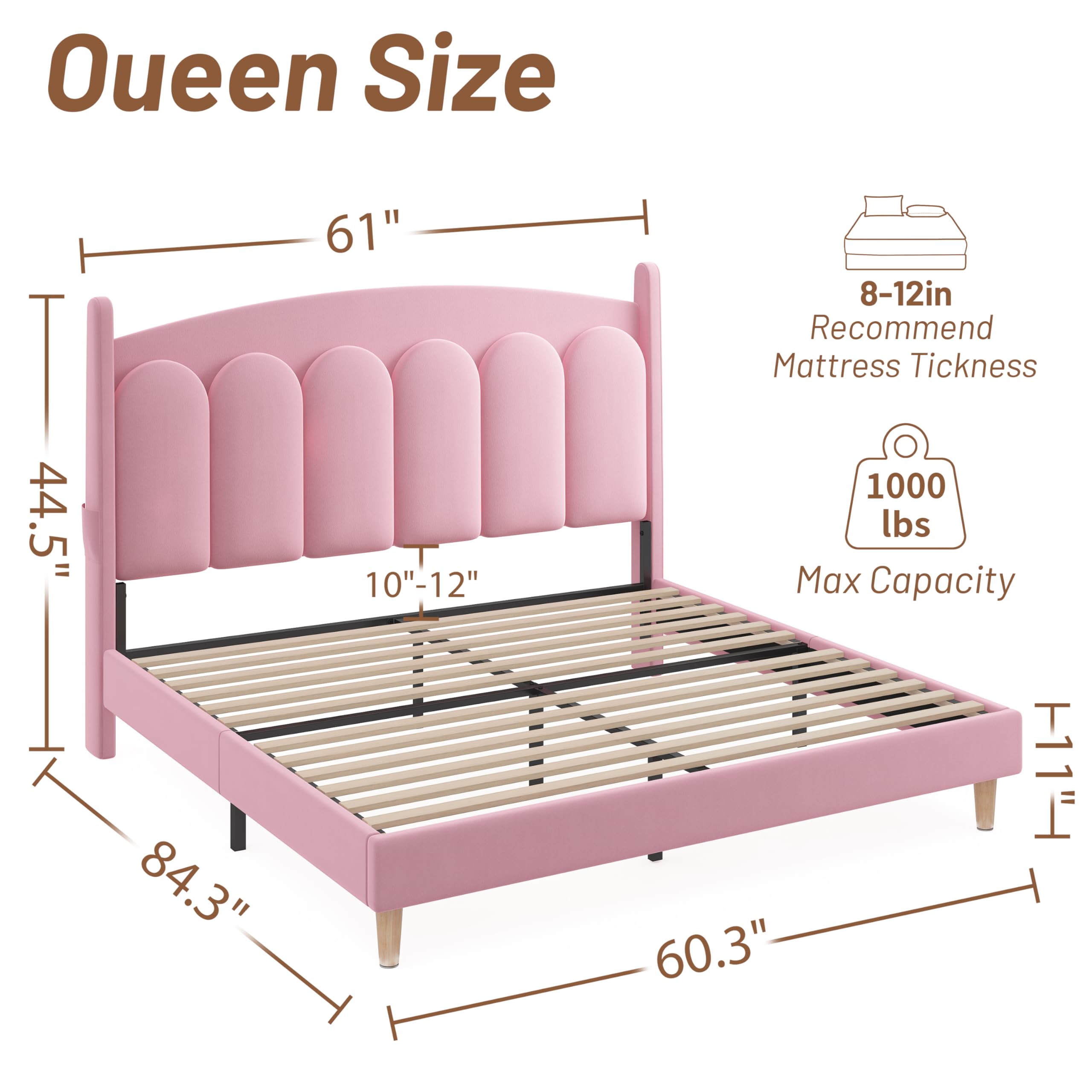 Queen Bed Frame with LED Lights and Adjustable Headboard