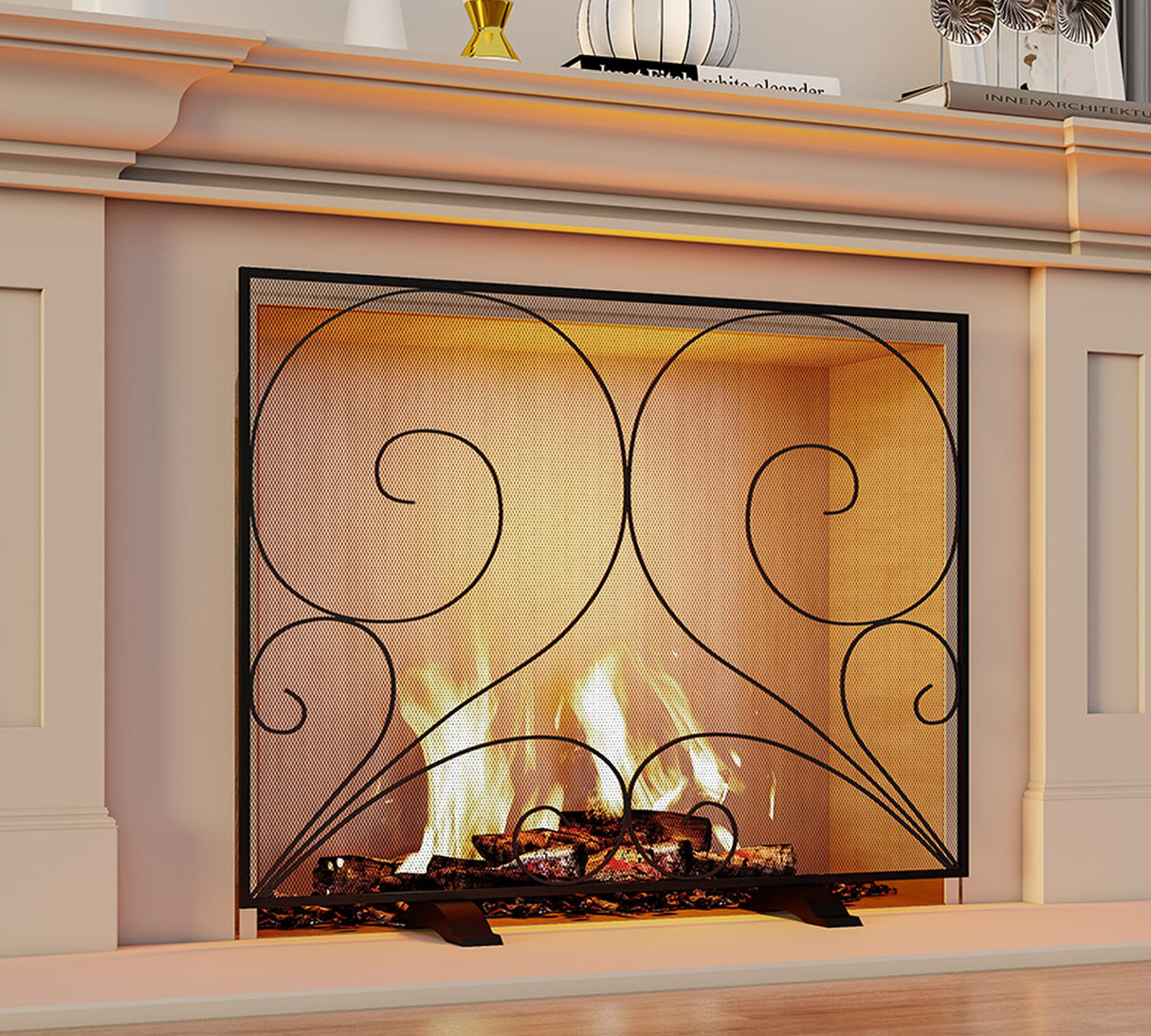 Single Panel Fireplace Screen Handcrafted Solid Wrought Iron Mesh, Heat-Resistant Fire Spark Guard