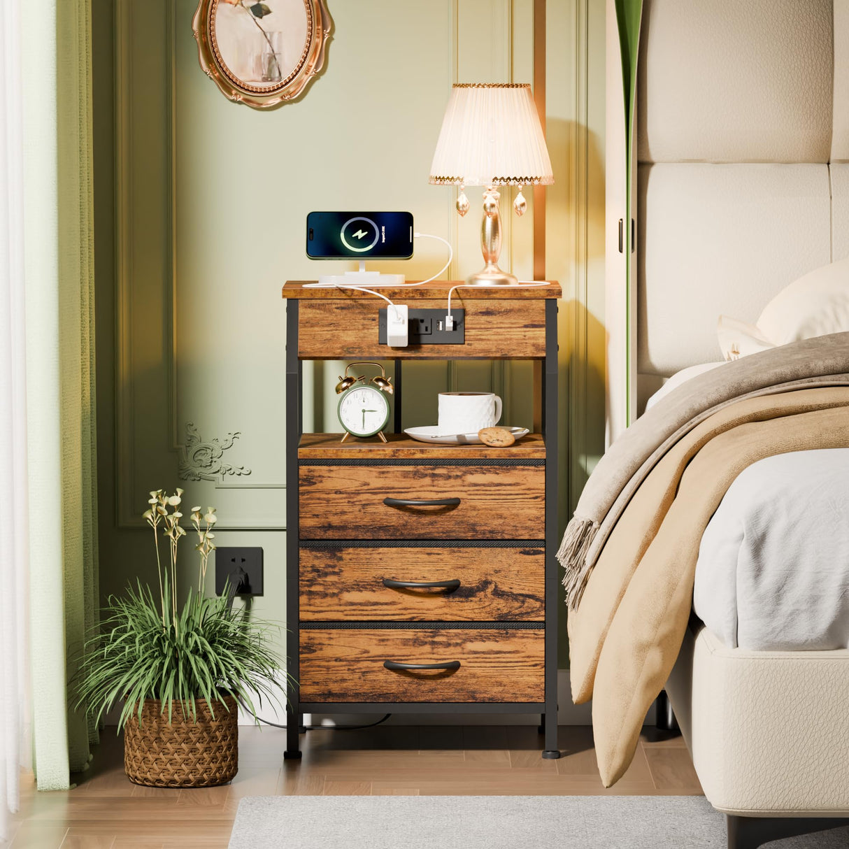 Night Stand with Charging Station, Small Bedside Table with Wood Shelf, End Table