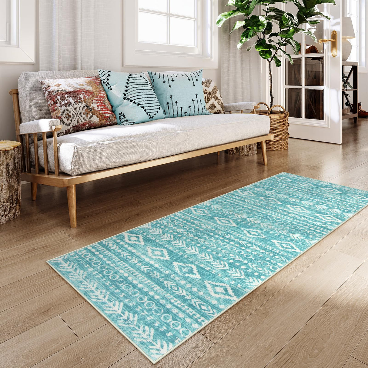 Lahome Moroccan Boho Bathroom Runner Rug,2x6 Teal Kitchen Runner Rug Non Skid Washable Hallway Runner 6ft,Low-Pile Soft Rug Geometric Indoor Carpet Runner for Entryway Laundry Room Bedroom