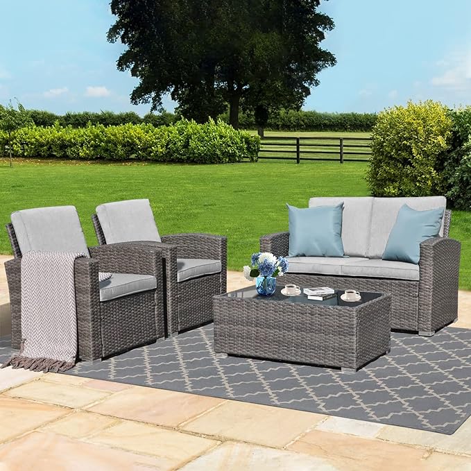 4 Piece Patio Conversation Set,All Weather Rattan Wicker Patio Furniture Set
