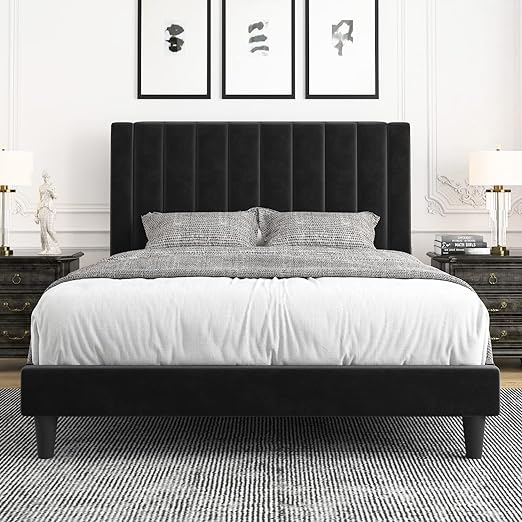 King Bed Frame/Velvet Upholstered Bed Frame with Vertical Channel