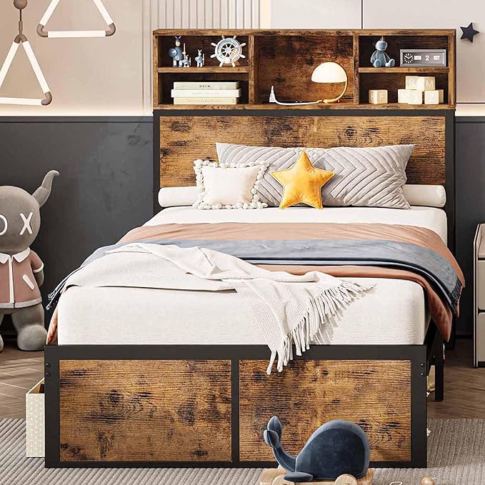 Queen Bed Frame with Tall Bookcase Headboard and Charging Station, Sturdy and No