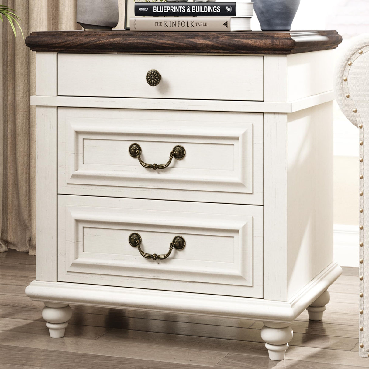 Farmhouse Nightstand, Bedside Table with Storage Drawers, Rustic End Table Night Stand Wood Side Table for Bedroom, Living Room, White (White)