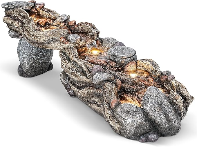 32" High 5-Tiers Cascading Rock Outdoor Water Fountain with LED Lights and Pump