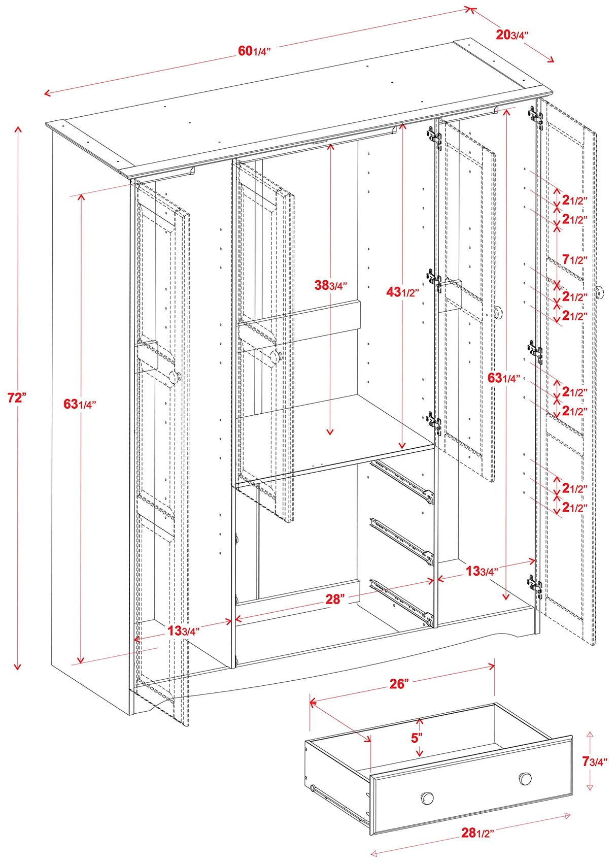 100% Solid Wood Family Wardrobe Closet/Armoire, Honey Pine. 3 Clothing Rods Included