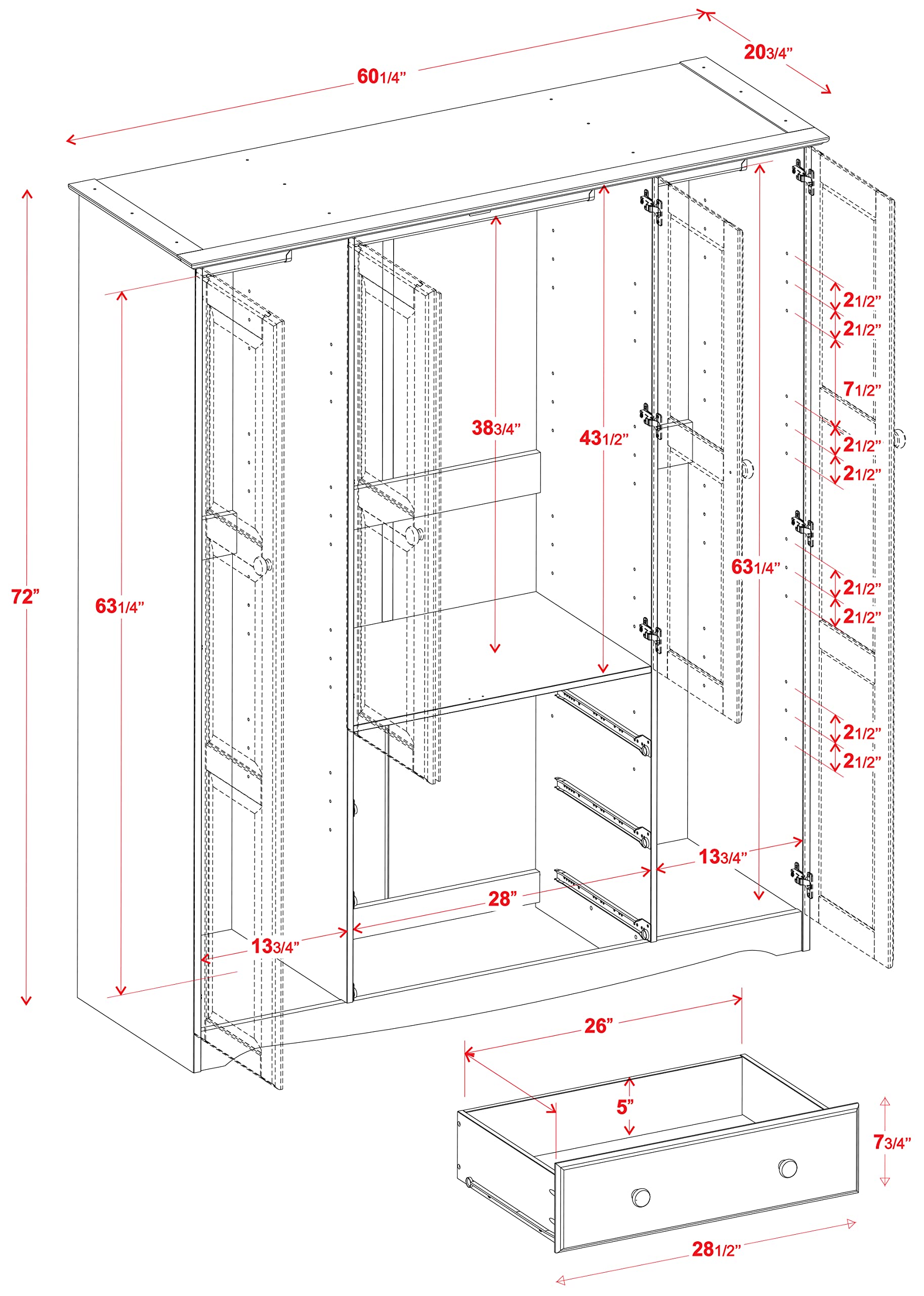 100% Solid Wood Family Wardrobe Closet/Armoire, Honey Pine. 3 Clothing Rods Included