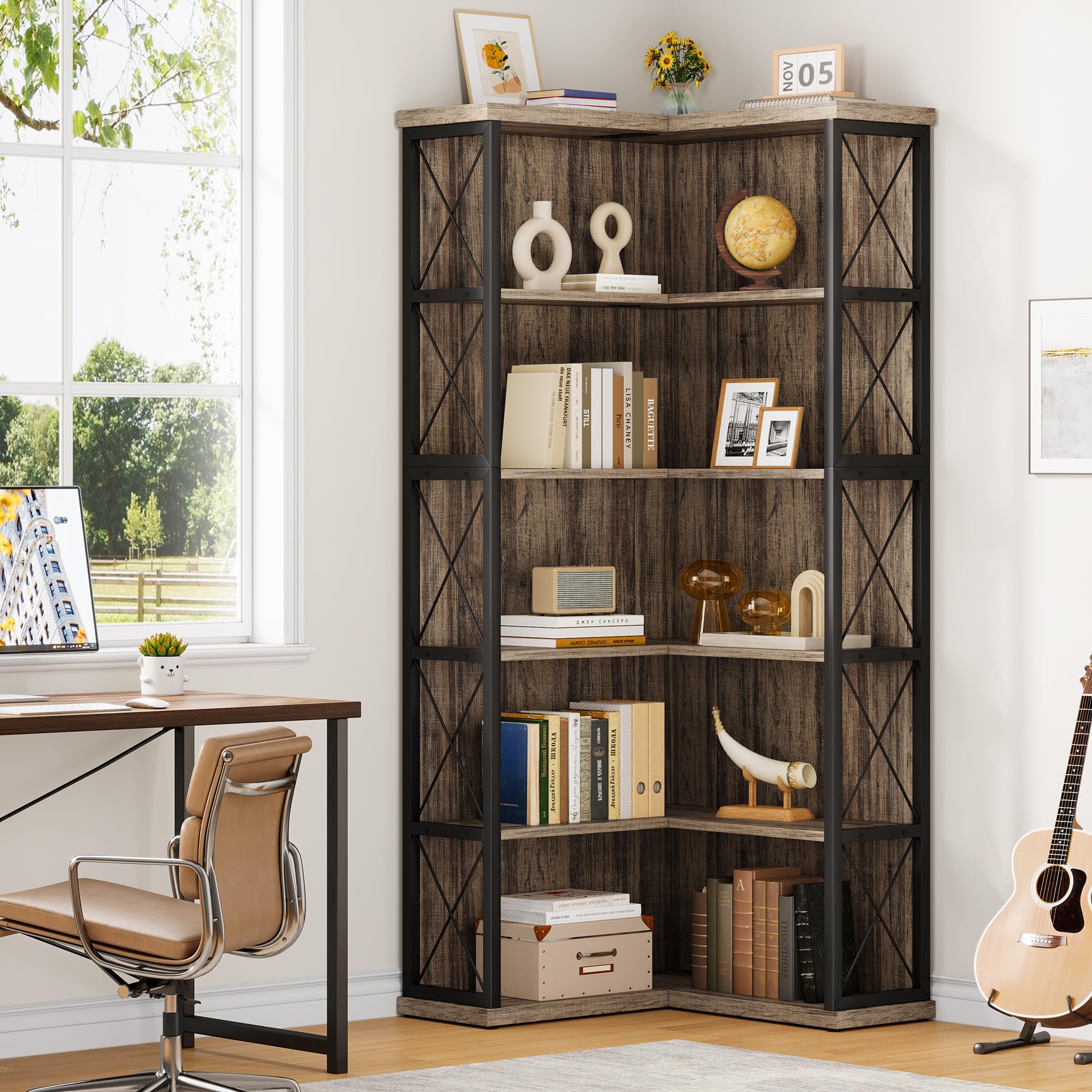 5-Tier L Shaped Bookshelf, Vintage Industrial Corner Bookcase