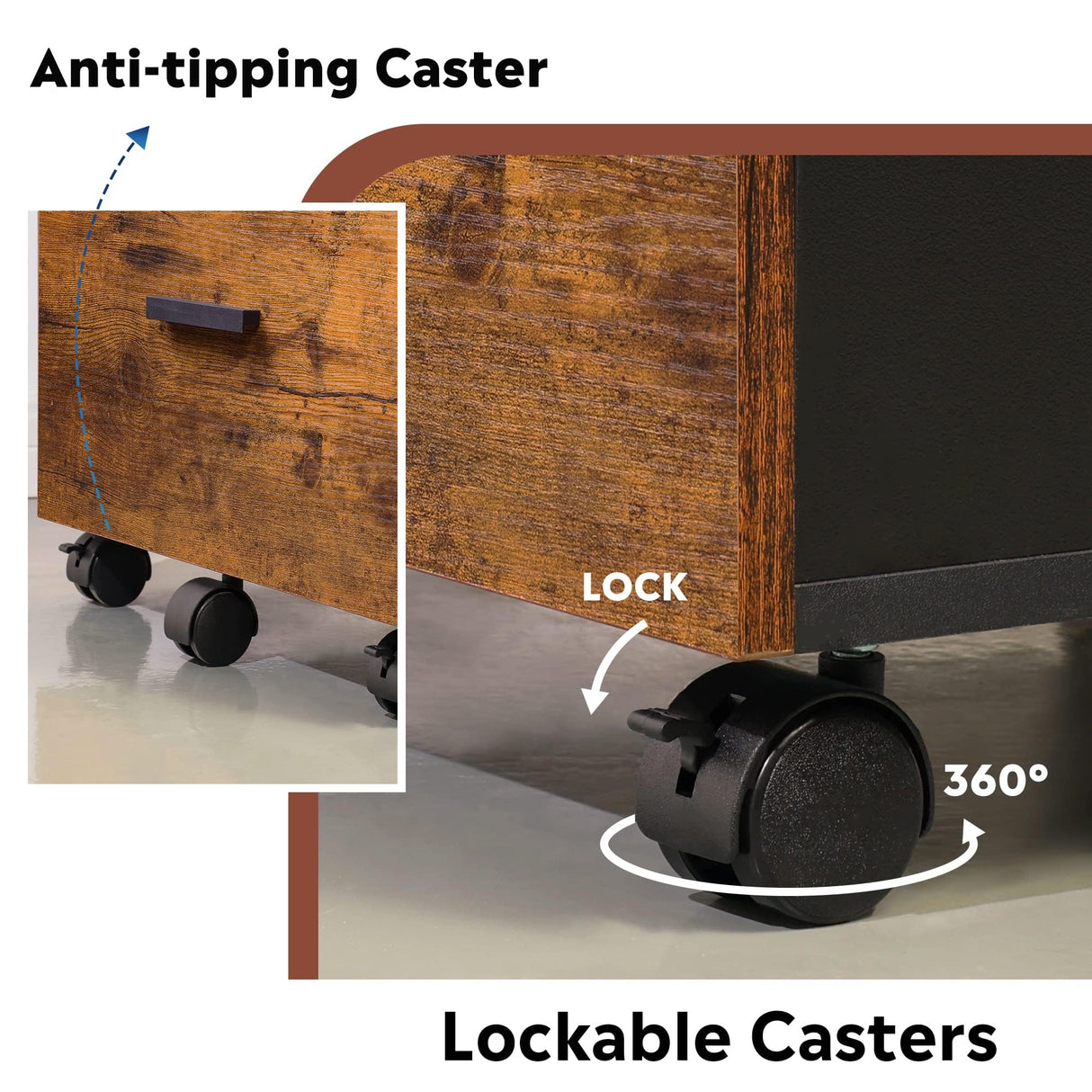 3 Drawer Rolling File Cabinet with Lock, Wood Filing Cabinet fits Letter