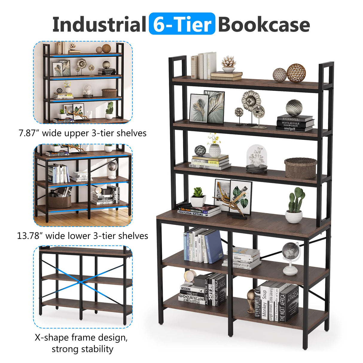 -Tier Bookshelf,Industrial Bookcase with Open Shelf,6 Shelf Storage Rack with X-Shaped Frame,Rustic Book Shelf for Living Room, Bedroom,Home, Office (1, Rustic Brown)