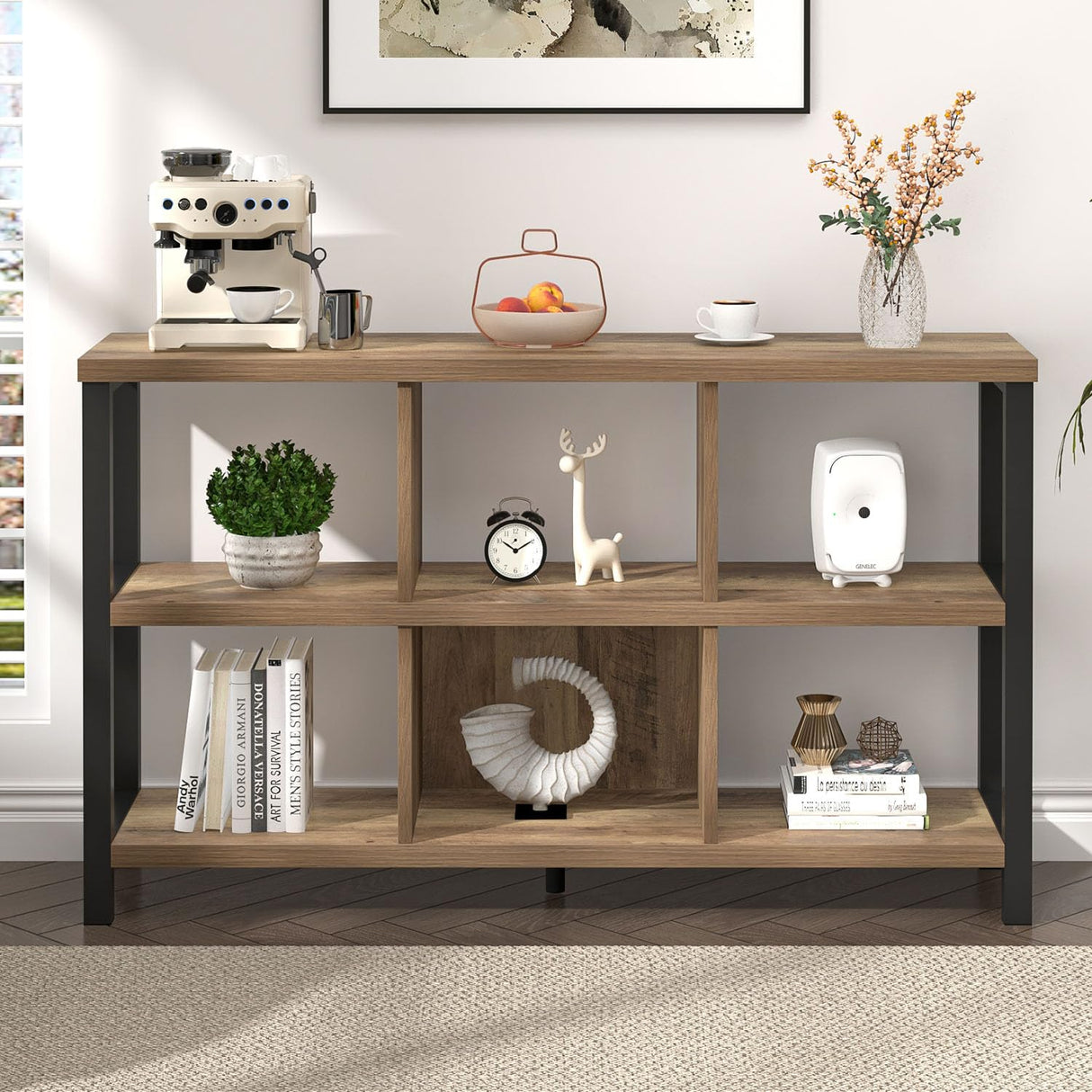 6 Cube Storage Organizer with Shelf, Industrial Horizontal Bookshelf, Low Cubby Bookcase for Living Room