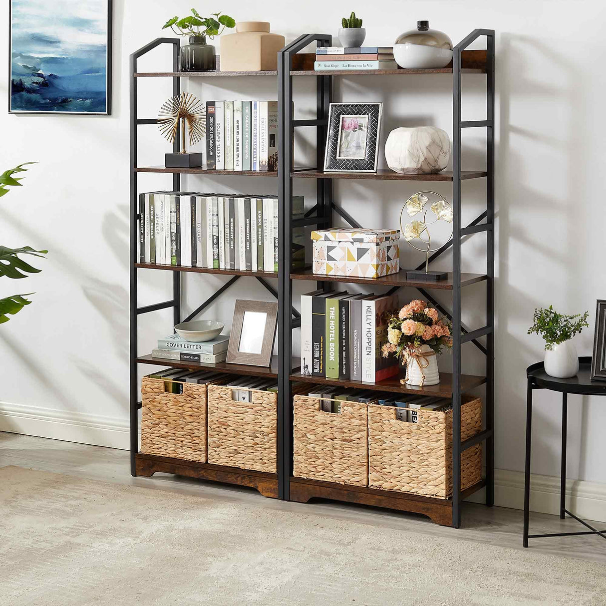 5 Tier Bookshelf with 2 Storage Baskets, Tall Bookcase Shelf Storage Organizer Wood Book Shelf, Modern Shelf Rack Shelves with Steel Frame, Multipurpose Bookshelf for Bedroom Living Room