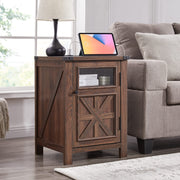 Farmhouse End Table with Charging Station, 18'' Rustic Nightstand with Barn Doo