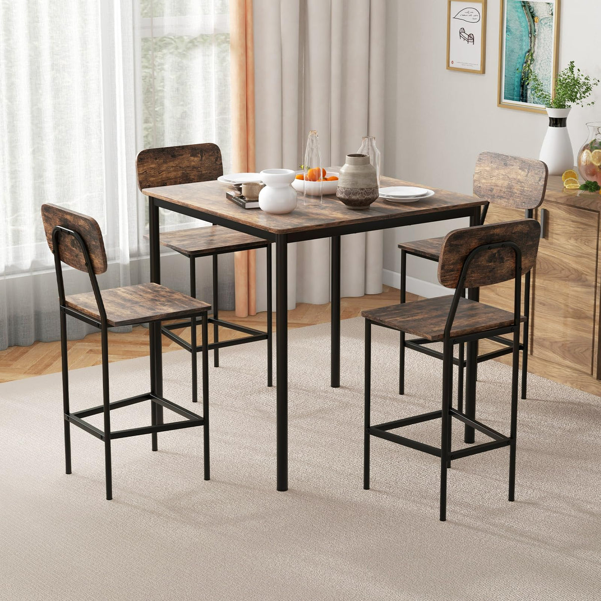 5-Piece Dining Table Set W/Counter Height Table & 4 Bar Stools,