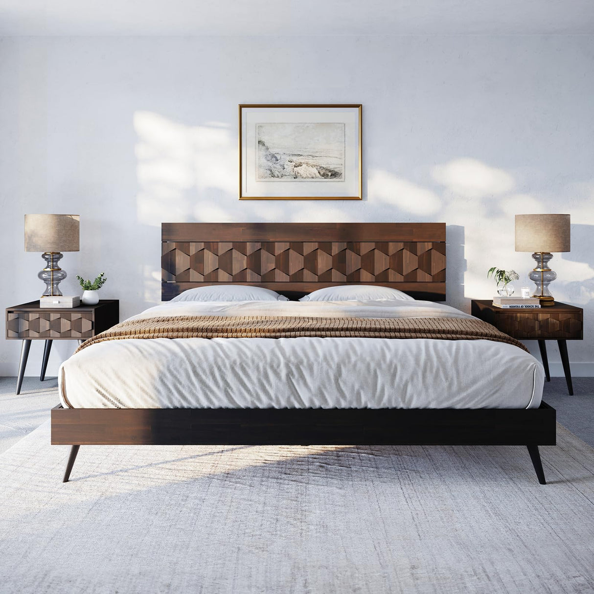 Georgina Signature Bed Frame with Handcrafted Geometric Headboard, Mid Century